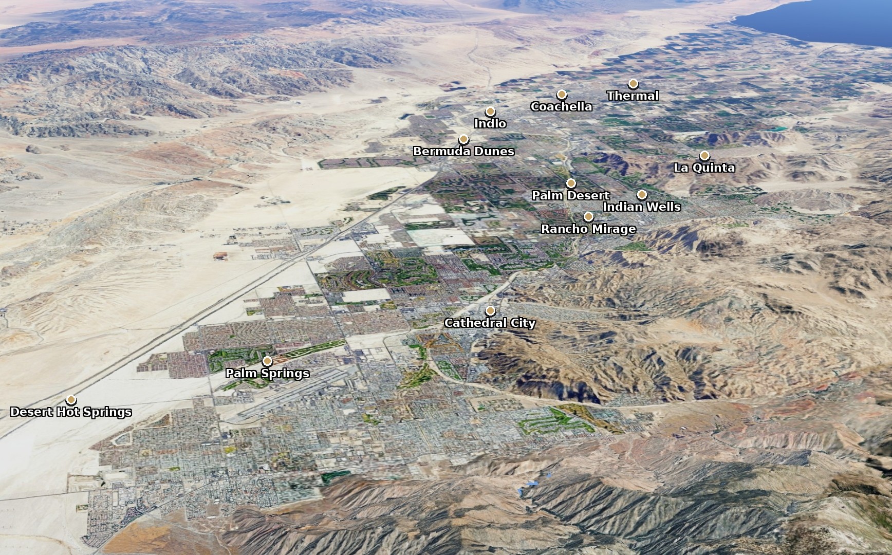 Vista aérea de las localidades del valle de Coachella